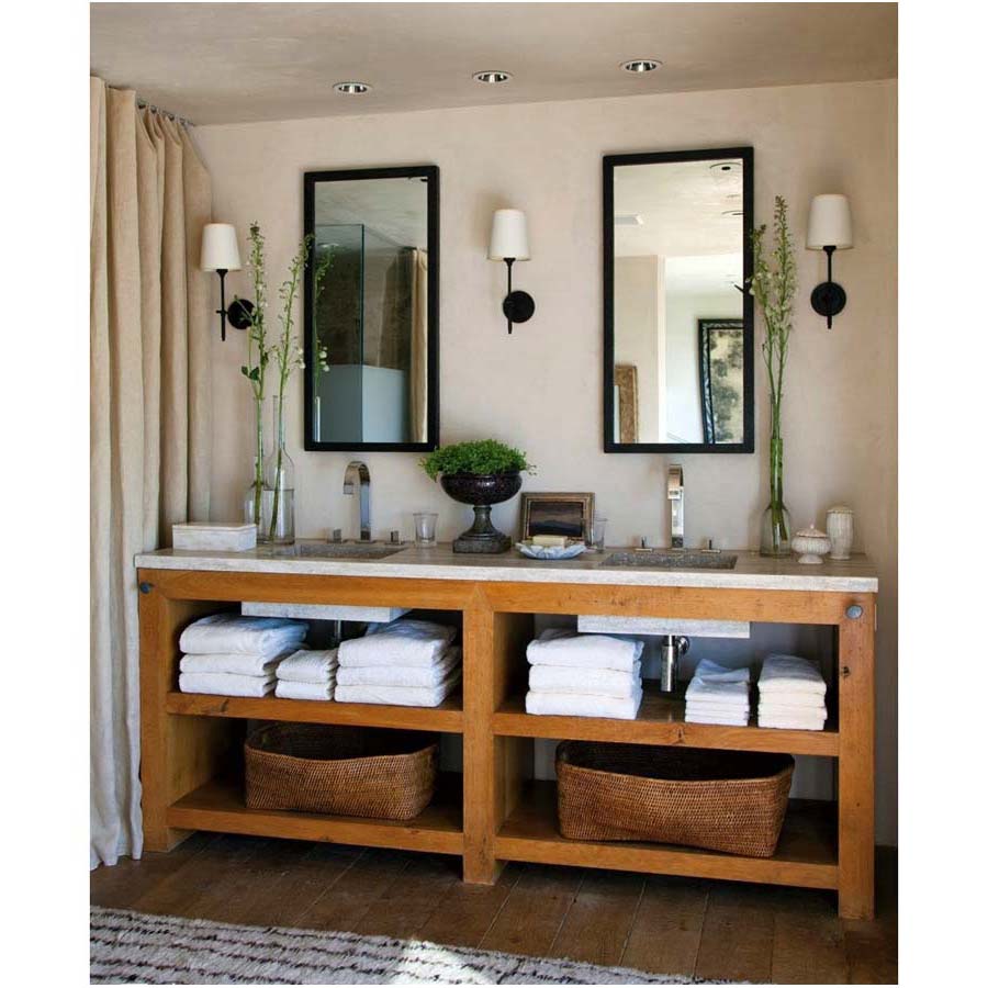 Small-Ceiling-Lamp-above-Casual-Pine-Bathroom-Vanity-under-Twin-Mirror-between-Wall-Lamps-on-Plain-Wall-Lamp-and-Nice-Carpet-on-Wooden-Floor